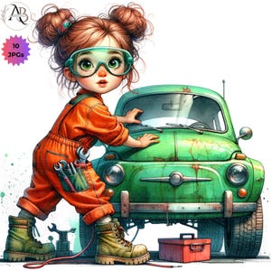 May include: Illustration of a young person in orange overalls and safety glasses, working on a vintage green car. The image includes tools, a toolbox, and the text "10 JPGs". The person is wearing work boots.