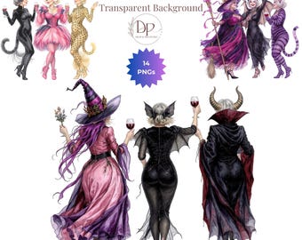Paquete de imágenes prediseñadas PNG de brujas de Halloween (14 imágenes), imágenes prediseñadas de mejores amigos de Halloween, arte de brujas de Halloween, diario de brujas, creación de tarjetas de Halloween