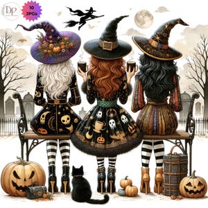 Pu&ograve; includere: Illustrazione di tre streghe in abiti e cappelli neri, sedute su una panchina. Le streghe tengono in mano delle tazze, con un gatto nero, zucche e una strega su una scopa sullo sfondo. L'immagine ha un tema di Halloween.