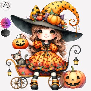 Pode incluir: Uma bruxa de desenho animado vestida com um vestido de bolinhas laranja e preto com um chap&eacute;u de bruxa preto decorado com ab&oacute;boras e bagas. Ela est&aacute; sentada em uma carro&ccedil;a com um gato preto e duas lanternas. H&aacute; ab&oacute;boras de ambos os lados da carro&ccedil;a.