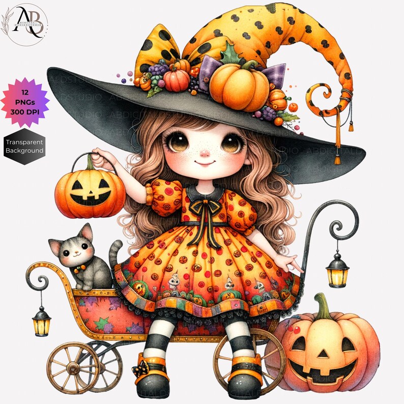 Pode incluir: Uma bruxa de desenho animado vestida com um vestido de bolinhas laranja e preto com um chap&eacute;u de bruxa preto decorado com ab&oacute;boras e bagas. Ela est&aacute; sentada em uma carro&ccedil;a com um gato preto e duas lanternas. H&aacute; ab&oacute;boras de ambos os lados da carro&ccedil;a.