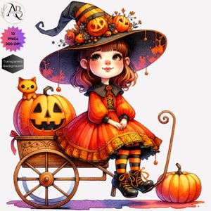 Pode incluir: Uma bruxa de desenho animado fofa vestindo um vestido laranja e preto e um chap&eacute;u de bruxa com ab&oacute;boras. Ela est&aacute; sentada em uma carro&ccedil;a de madeira com uma ab&oacute;bora laranja grande na sua frente. H&aacute; uma pequena ab&oacute;bora laranja no ch&atilde;o ao lado da carro&ccedil;a.