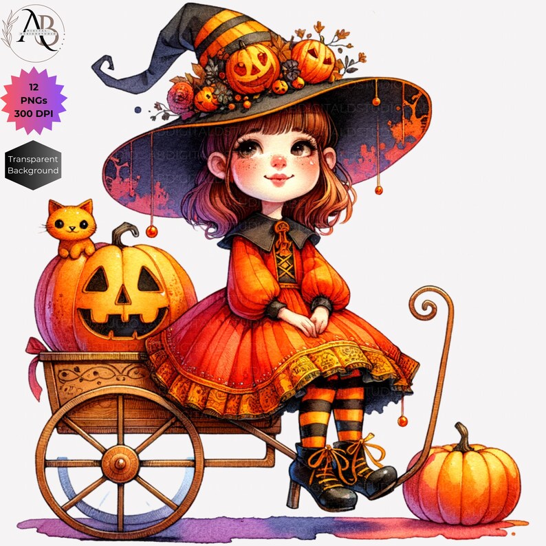 Pode incluir: Uma bruxa de desenho animado fofa vestindo um vestido laranja e preto e um chap&eacute;u de bruxa com ab&oacute;boras. Ela est&aacute; sentada em uma carro&ccedil;a de madeira com uma ab&oacute;bora laranja grande na sua frente. H&aacute; uma pequena ab&oacute;bora laranja no ch&atilde;o ao lado da carro&ccedil;a.