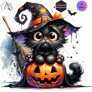 Halloween Cat Clipart: Ghost, Witch Hat Kitten, Pumpkin (10 PNG Digital Download)