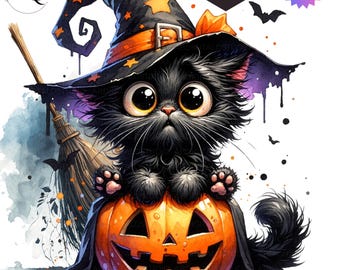 Halloween Cat Clipart: Ghost, Witch Hat Kitten, Pumpkin (10 PNG Digital Download)