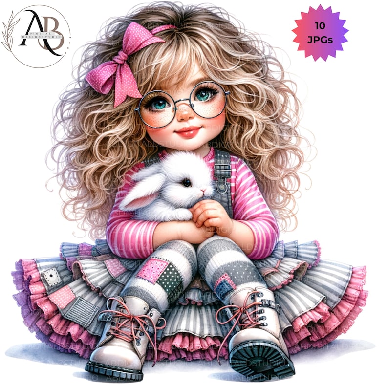 Quirky Girl With Bunnies Clipart Easter Bunny Girl 10JPG Whimsical Cute ...