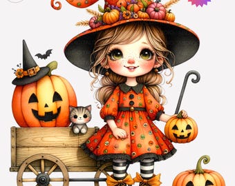 Halloween Clipart 12 PNG, Whimsical Halloween Witch Clipart, Spooky Girl PNG, Quirky Girls Halloween Decor, Scrapbooking Commercial Use