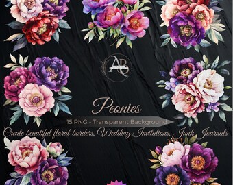 Purple Peonies Watercolor Clipart: Boho Floral PNG (Digital Download)
