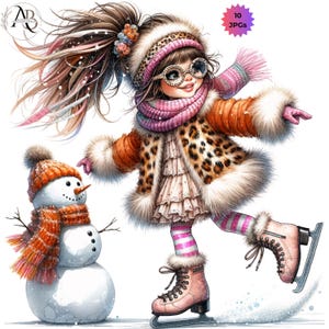 May include: A girl wearing a leopard print coat, pink hat, and pink and white striped tights ice skates on a snowy surface. She is smiling and holding out her hand to a snowman wearing a brown and orange scarf.