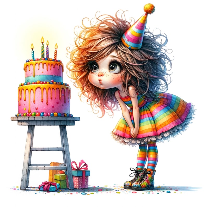 K&ouml;nnte beinhalten: Cartoon-Illustration eines M&auml;dchens mit Partyhut und Regenbogenkleid, das Kerzen auf einer zweist&ouml;ckigen Geburtstagstorte auspustet. Der Kuchen ist rosa mit bunten Dekorationen und steht auf einem kleinen Holztisch. Mehrere verpackte Geschenke befinden sich am Fu&szlig; des Tisches.