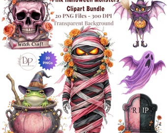 Paquete de imágenes prediseñadas PNG de fantasma rosa espeluznante de Halloween, bruja rosa y morada caprichosa y femenina de Halloween, monstruo PNG, diario de recortes, sublimación
