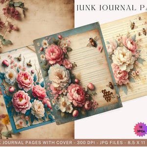 Watercolor Peonies Junk Journal Lined Papers 12 JPG Peony Papers, Shabby Chic Junk Journal Kit, Vintage Floral Scrapbook Papers Junk Journal