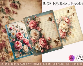Watercolor Peonies Junk Journal Lined Papers 12 JPG Peony Papers, Shabby Chic Junk Journal Kit, Vintage Floral Scrapbook Papers Junk Journal
