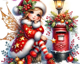 Christmas Fairy Clip Art: Whimsical Watercolor Designs (Digital Download, 10 JPGs)