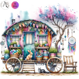 Decoración de arte bohemio imprimible digital de Gypsi 10JPG Clipart bohemio caprichoso Tema bohemio Primavera Verano Otoño Caravana Álbum de recortes Acuarela