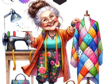 Imágenes prediseñadas PNG de abuela divertida: Costurera retro, artículos de scrapbooking (descarga digital)