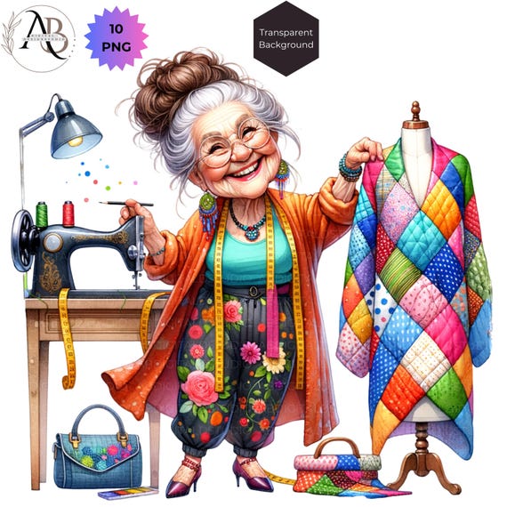 Funny Grandma Clipart PNG: Retro Seamstress, Scrapbooking Ephemera (Digital Download)