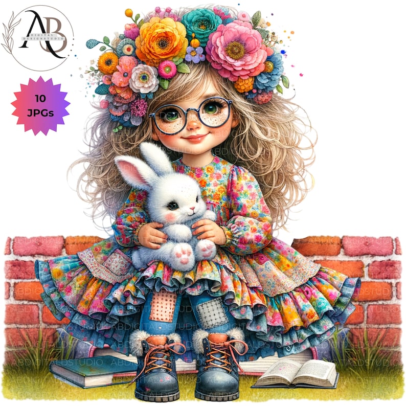 Quirky Girl With Bunnies Clipart Easter Bunny Girl 10JPG Whimsical Cute ...
