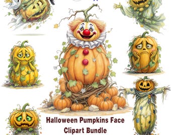 Paquete de imágenes PNG de calabazas fantasmales, caras de calabazas de Halloween en PNG, imágenes prediseñadas de calabazas graciosas, elementos de Halloween para diarios creativos, creación de tarjetas y sublimación.