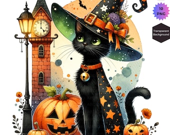 Clipart PNG de Gato Preto de Halloween 10: Bruxa Assustadora, Fantasma (Download Digital)