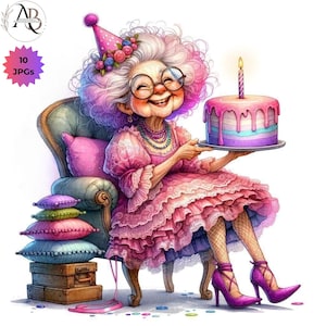 Clipart anniversaire grand-mère drôle original vieille dame anniversaire 10JPG gâteau d'anniversaire original Clip Art scrapbooking fabrication de cartes téléchargement numérique fantaisie