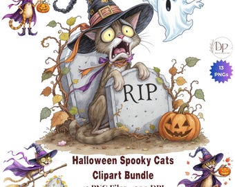 Gatos fantasmales PNG, paquete de gatos espeluznantes de Halloween PNG, gráficos de gatos divertidos, diario de recortes de gatos graciosos, diseños de imágenes prediseñadas de sublimación de gatos, creación de tarjetas