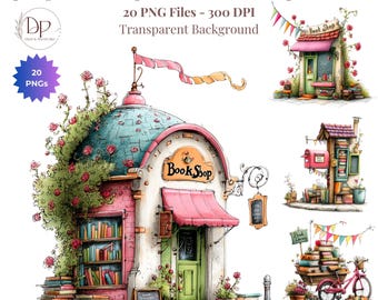 Paquete de 20 imágenes prediseñadas PNG de librerías originales: rincón de lectura, imágenes prediseñadas para amantes de los libros, imágenes prediseñadas para scrapbooking y diarios creativos (descargables), sublimación.
