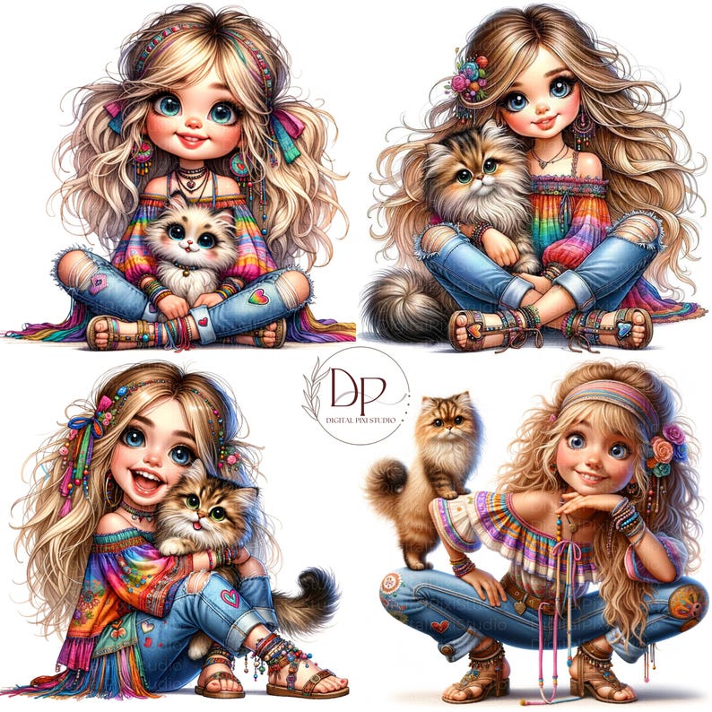 Quirky Girl Clipart Funny Girl Cute Whimsical Girl With Cat Clip Art 20 ...