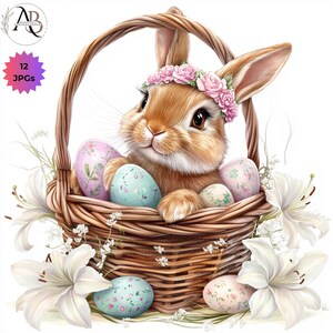 Easter Bunny Clipart 12 JPG, Bunny In Spring Flower Basket, Spring Bunny Clipart, Easter Clip Art, Easter Rabbit Junk Journal Commercial Use