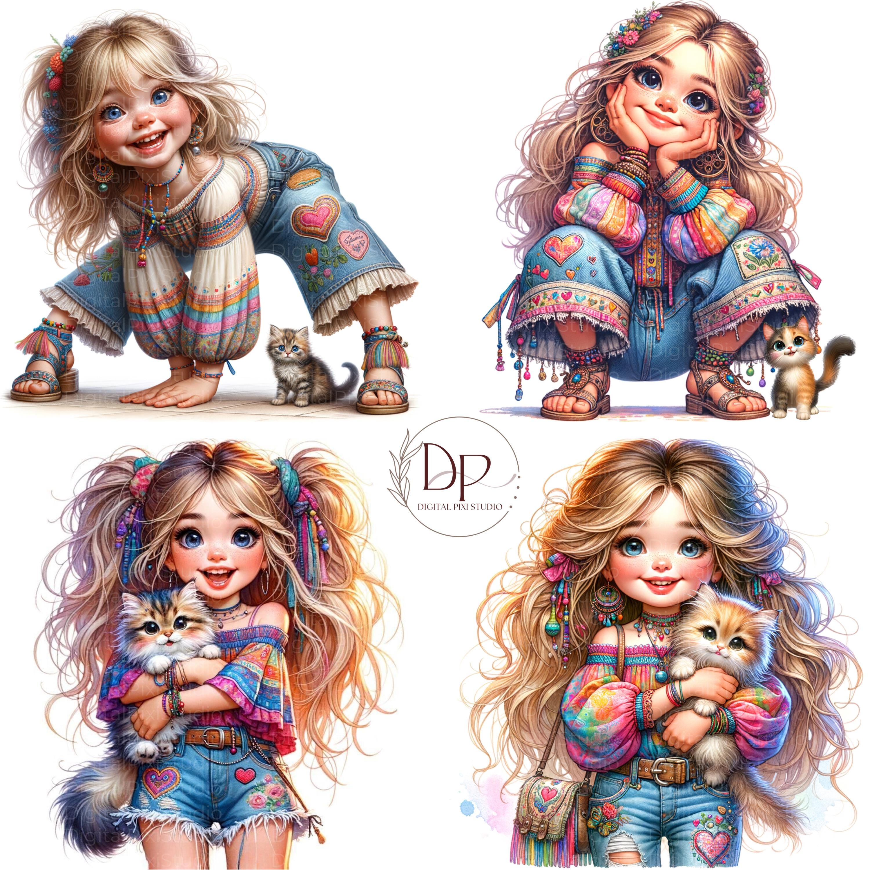 Quirky Girl Clipart Funny Girl Cute Whimsical Girl With Cat Clip Art 20 ...