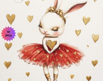 Imágenes prediseñadas de conejitos en acuarela: Arte para el Día de San Valentín, material para diarios y álbumes de recortes (Descarga digital, 10 imágenes JPG)