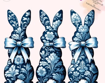 Blue Toile Floral Easter Bunny 14 PNG, Easter Design Blue Grand Millennial Floral Chinoiserie Toile Bunny Easter Coquette Floral bunni bunny