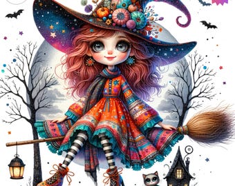 Whimsical Halloween Witch ClipArt 13JPG, Quirky Halloween Witch Art, Cute Witches Junk Journal Scrapbooking Ephermera,  Commercial Use
