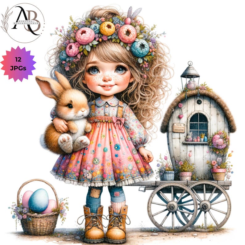 Whimsical Girl With Easter Bunny Clipart 12JPG, Quirky Boho Girl, Cute ...