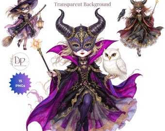 Paquete de 15 imágenes prediseñadas PNG de brujas con alas de murciélago - Brujas de Halloween, brujas murciélago, niñas brujas, niñas caprichosas imprimibles para diario creativo, álbum de recortes