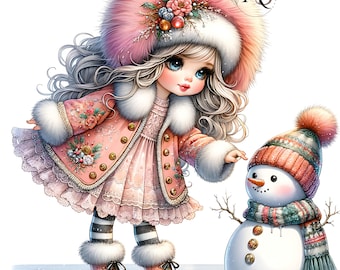 Quirky Girl with Snowman Clipart 5 JPG Bundle Digital Download for Christmas Handmade Card Scrapbooking Junk Journaling Kids Room Decor