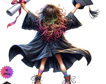 May include: Illustration of a graduate in a black gown, holding a diploma and mortarboard. The graduate has colorful hair and is wearing platform boots and patterned socks. The image includes text that says "10 JPGs" and "Transparent Background."