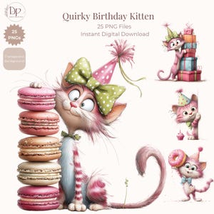 Verspieltes Geburtstagskätzchen (25 PNG-Cliparts), Aquarellkatzen, digitaler Download, Geburtstagskarten für Kinder, Geburtstagsbilder, Scrapbooking