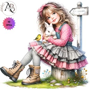 Quirky Girl With Bunnies Clipart Easter Bunny Girl 10JPG Whimsical Cute ...