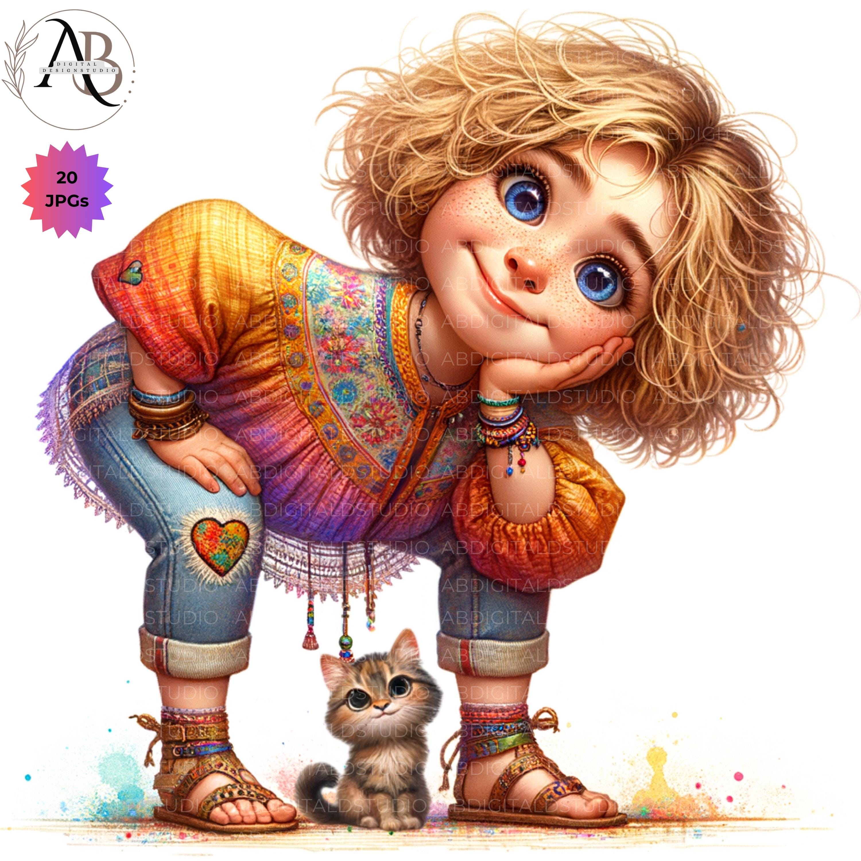 Quirky Girl Clipart Funny Girl Cute Whimsical Girl With Cat Clip Art 20 ...
