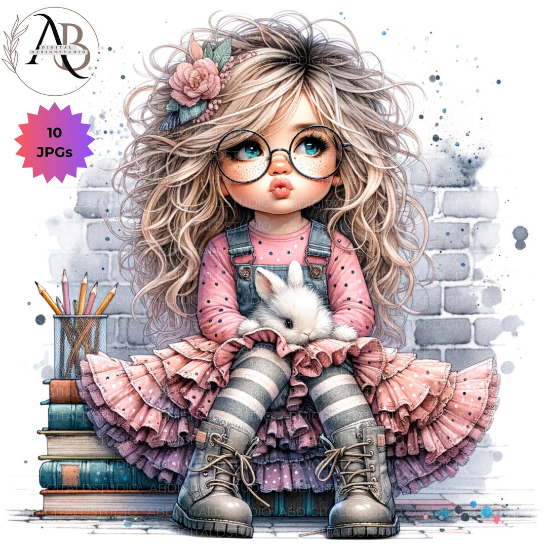 Quirky Girl With Bunnies Clipart Easter Bunny Girl 10JPG Whimsical Cute ...