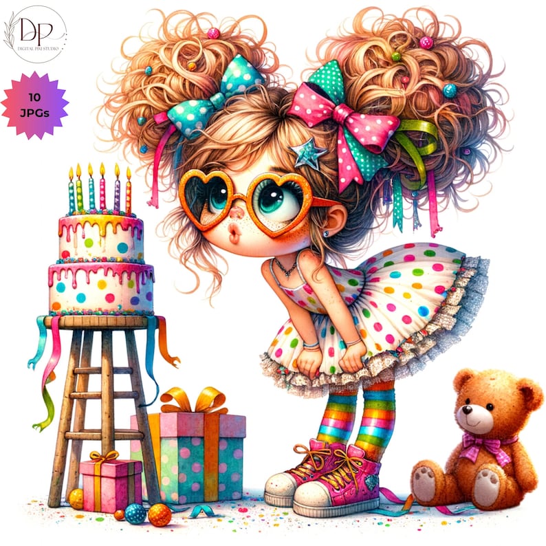 K&ouml;nnte beinhalten: Eine skurrile Illustration eines M&auml;dchens mit lockigem Haar, herzf&ouml;rmiger Brille und einem gepunkteten Kleid. Ein Geburtstagskuchen mit Kerzen, Geschenkverpackungen und ein Teddyb&auml;r sind ebenfalls vorhanden. Der Text "10 JPGs" ist sichtbar.