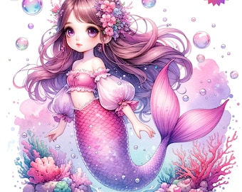 Clipart de sirena linda, 11 JPG, paquete de sirena rosa y morada, animales marinos lindos y caprichosos, álbumes de recortes, diarios, tarjetas, arte imprimible digital