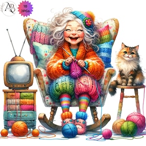 Clipart tricot original drôle de grand-mères lunatique 10 JPG, dessin animé lunatique de grand-mère, carte faite main de jour des grands-parents, clipart de journal indésirable