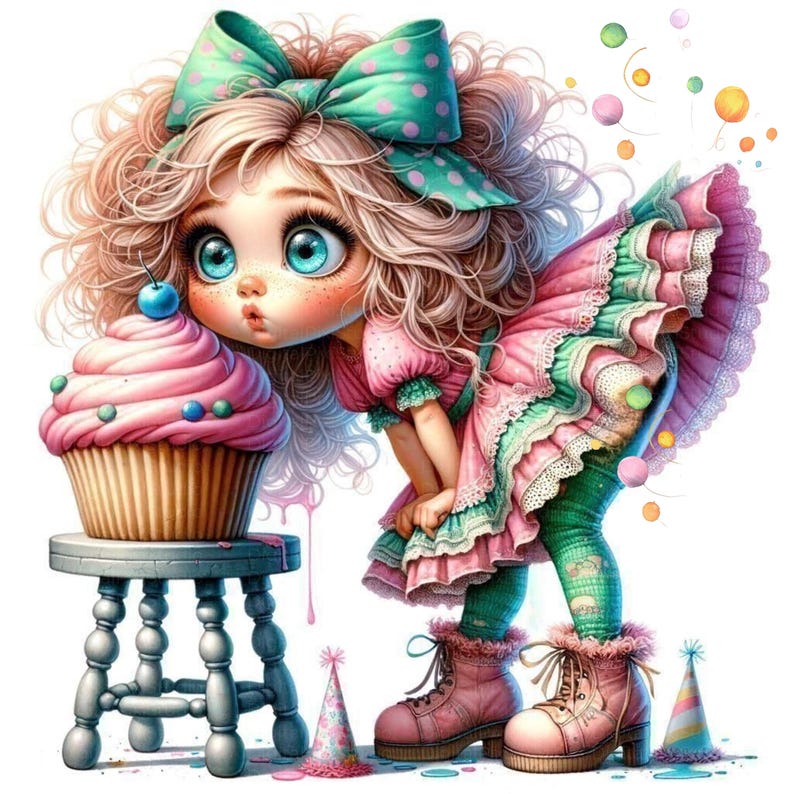 May include: A digital illustration of a cartoon girl with big blue eyes, curly blonde hair, and a green polka dot bow. She is wearing a pink dress and green leggings, looking at a large pink cupcake with a cherry on top. A small stool and party hats are also present.