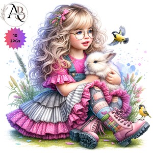 Quirky Girl With Bunnies Clipart Easter Bunny Girl 10JPG Whimsical Cute ...