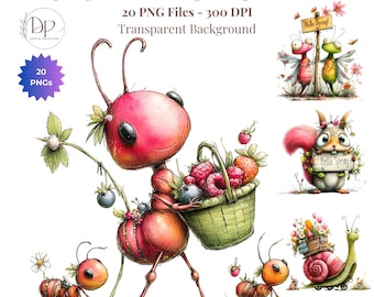 Imágenes prediseñadas de primavera con 20 insectos en formato PNG, imágenes prediseñadas de jardinería de primavera, estilo rústico primaveral (descarga digital), ideales para diarios, agendas y sublimación.
