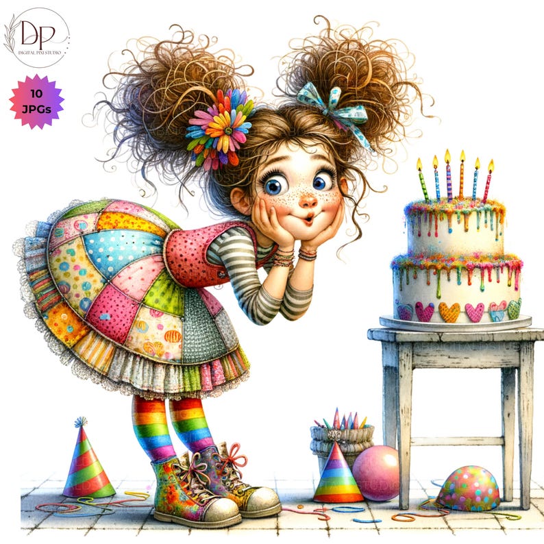 K&ouml;nnte beinhalten: Eine skurrile Illustration eines M&auml;dchens mit lockigem braunem Haar, geschm&uuml;ckt mit einer Blume und einer Schleife, das einen zweist&ouml;ckigen Geburtstagskuchen betrachtet. Sie tr&auml;gt ein Patchwork-Kleid, Regenbogensocken und bunte Stiefel. Partyh&uuml;te und Dekorationen sind verstreut.