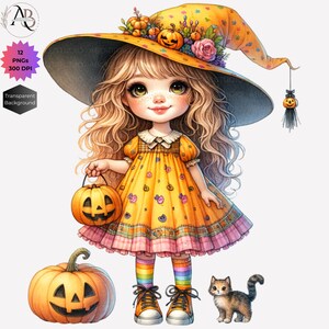 Pode incluir: Uma bruxa de desenho animado com cabelo loiro e um vestido amarelo segura um balde de ab&oacute;bora. Ela usa um chap&eacute;u de bruxa amarelo com um enfeite floral e meias listradas arco-&iacute;ris. Um pequeno gato preto e marrom est&aacute; sentado no ch&atilde;o.