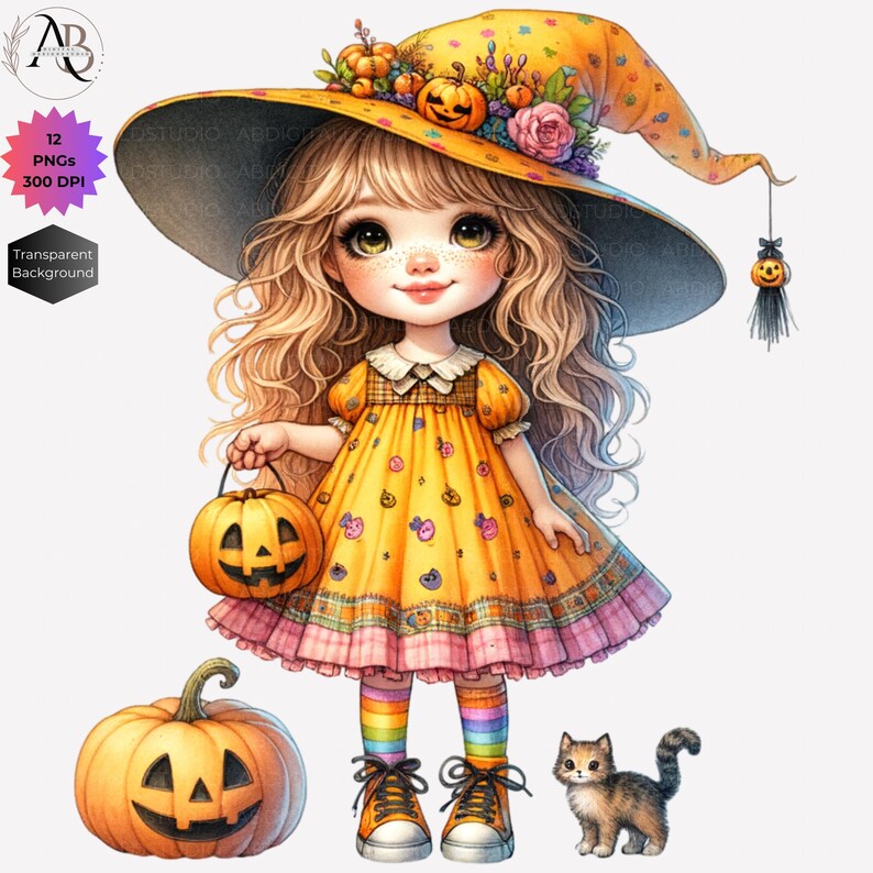 Pode incluir: Uma bruxa de desenho animado com cabelo loiro e um vestido amarelo segura um balde de ab&oacute;bora. Ela usa um chap&eacute;u de bruxa amarelo com um enfeite floral e meias listradas arco-&iacute;ris. Um pequeno gato preto e marrom est&aacute; sentado no ch&atilde;o.